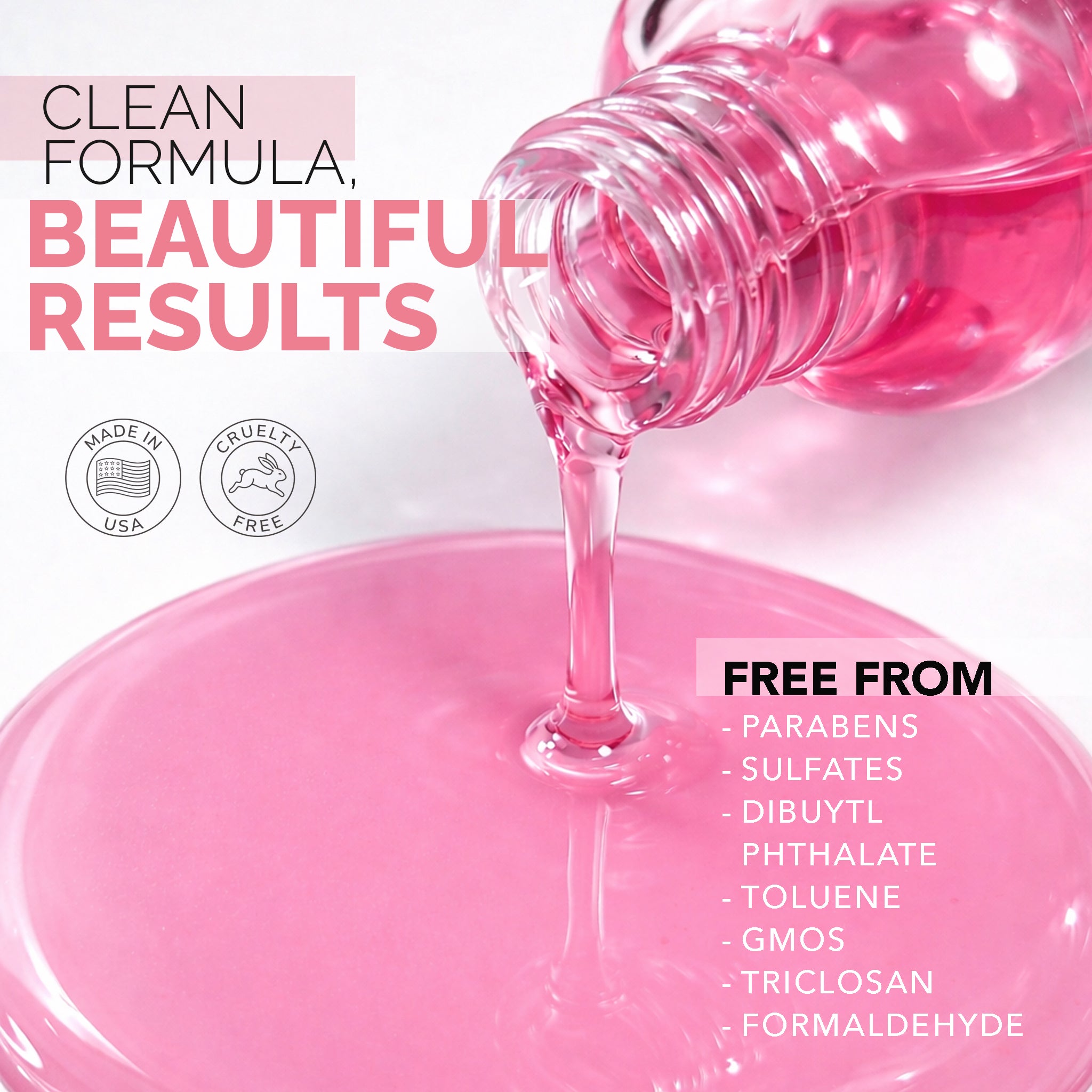 CLEAN FORMULA, BEAUTIFUL RESULTS / MADE IN USA / CRUELTY FREE / FREE FROM: PARABENS, SULFATES, DIBUTYL PHTHALATE, TOLUENE, GMOS, TRICLOSAN, FORMALDEHYDE